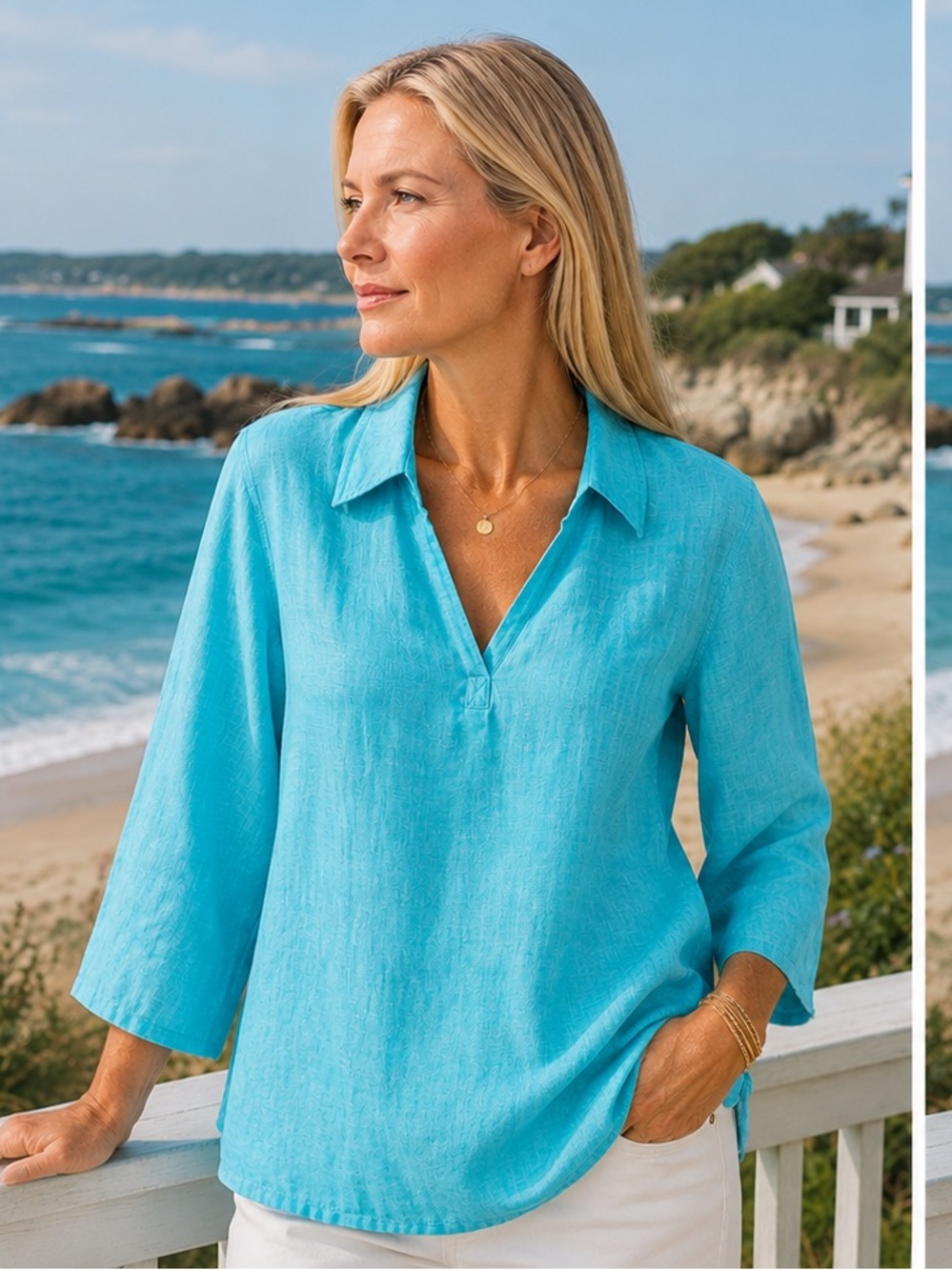 Isaac Mizrahi Turquoise V-Neck Linen Tunic